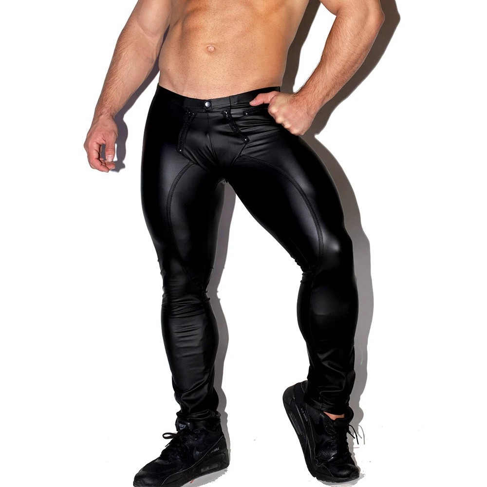 Leather Work Pants - 남성 반짝 이는 가짜 가죽 스타킹