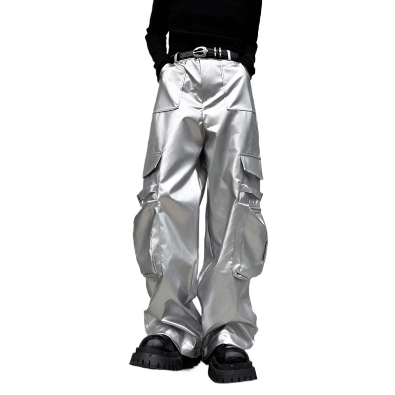 Leather Work Pants - 실버 가죽 바지 남성 스트리트웨어 패션