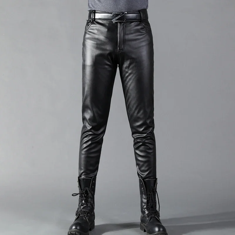 Leather Work Pants - 남성용 가죽 바지 스키니 핏 신축성