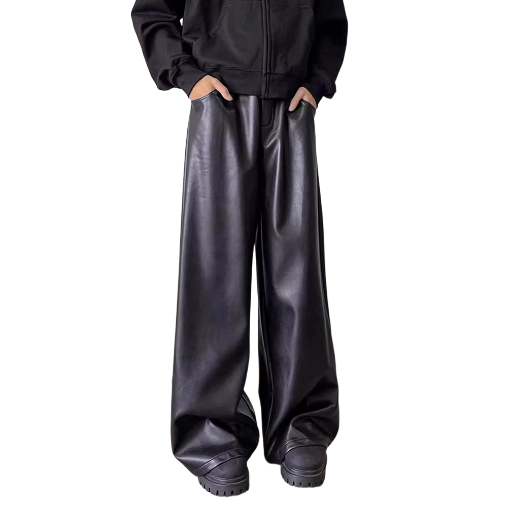 Leather Work Pants - 남성용 레트로 루즈핏 인조가죽 캐주얼 팬츠
