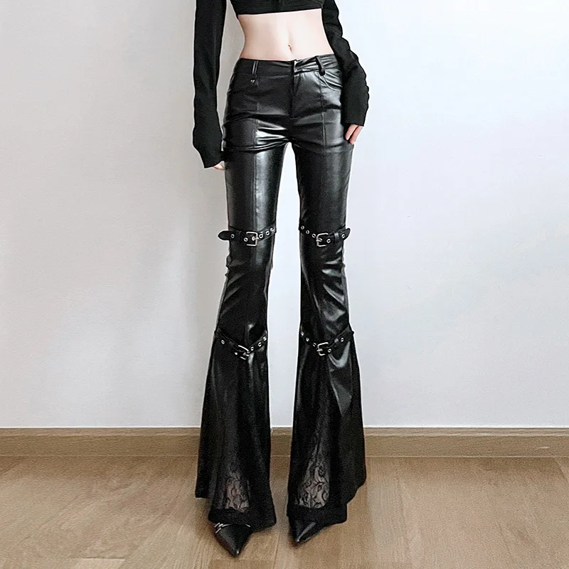 Leather Work Pants - 여성용 PU 가죽 플레어 팬츠, 고딕