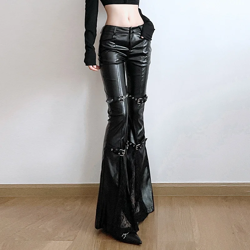 여성용 PU 가죽 플레어 팬츠, 고딕 버클, 레이스 패 - Leather Work Pants 리뷰 및 가격