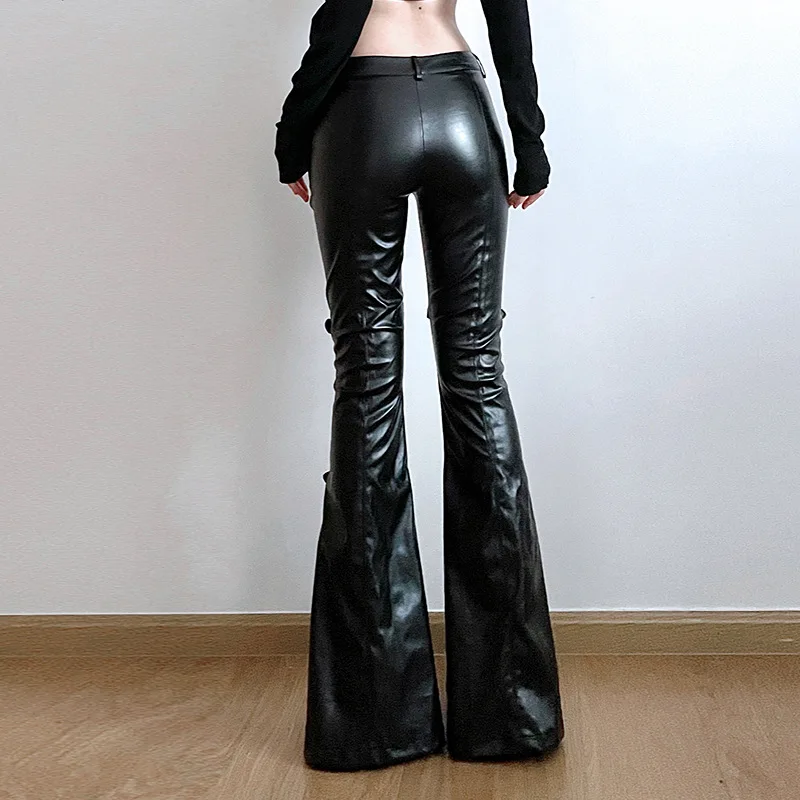 여성용 PU 가죽 플레어 팬츠, 고딕 버클, 레이스 패 - Leather Work Pants 리뷰 및 가격