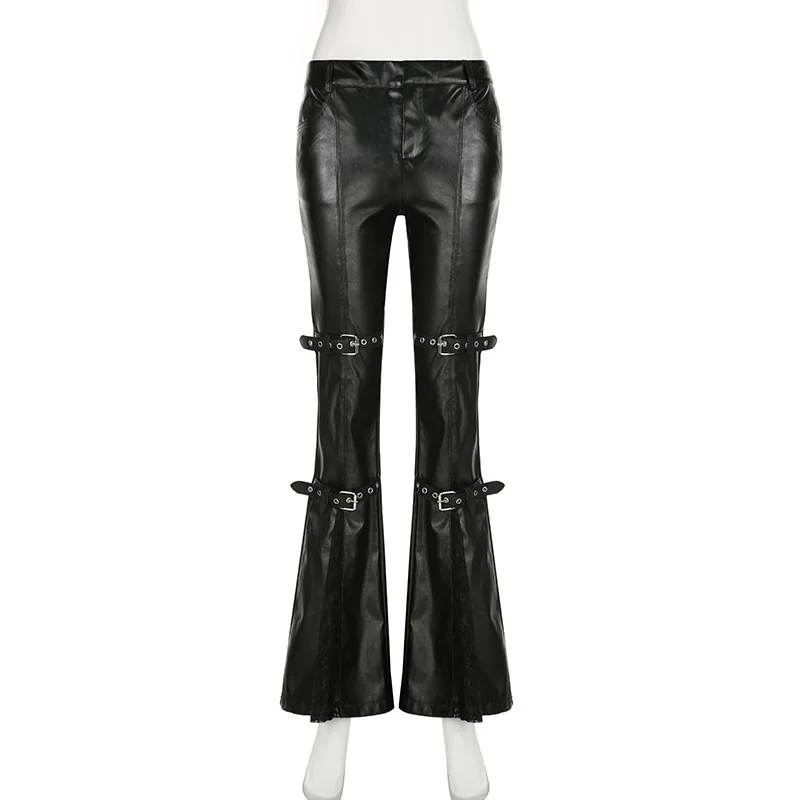 여성용 PU 가죽 플레어 팬츠, 고딕 버클, 레이스 패 - Leather Work Pants 리뷰 및 가격